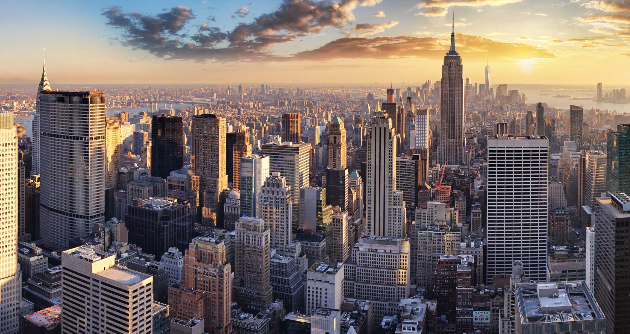 New York City skyline, sunrise