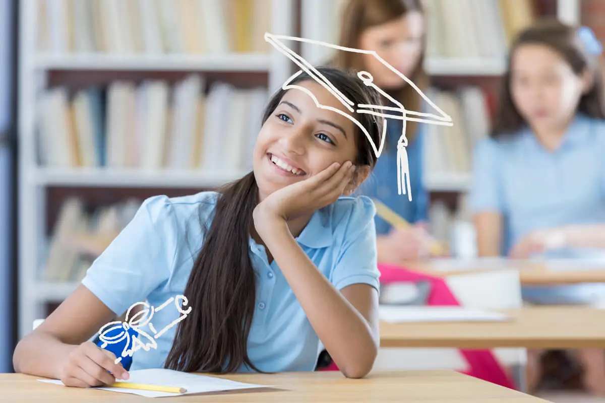female student smiling with illustrated graduation cap and diploma